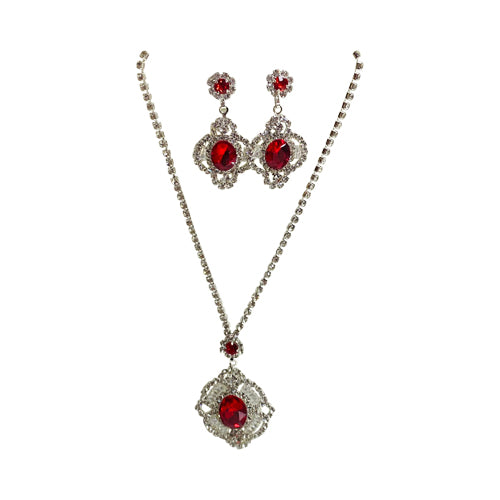 Quarterfoil Cubic Zirconia Earring & Necklace Set Silver/Red