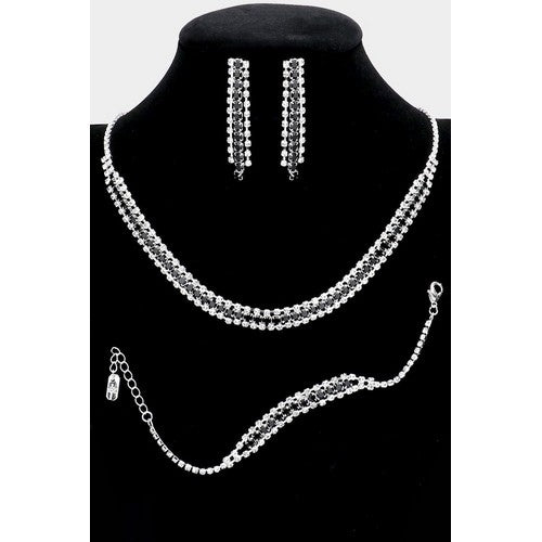 3 Strand Rhinestone Earring, Necklace & Bracelet Set Silver/Black