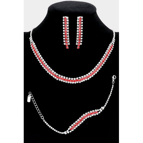 3 Strand Rhinestone Earring, Necklace & Bracelet Set Silver/Red