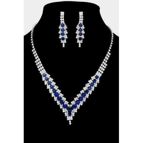 Tiered Rhinestone Earring & Necklace Set Silver/Blue