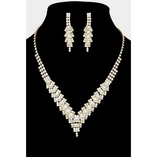 Tiered Rhinestone Earring & Necklace Set Gold/Clear