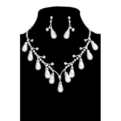 Pearl Teardrop Rhinestone Earring & Necklace Set Silver/White