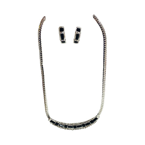 Snake Chain Baguette Rhinestone Earring & Necklace Set Silver/Black