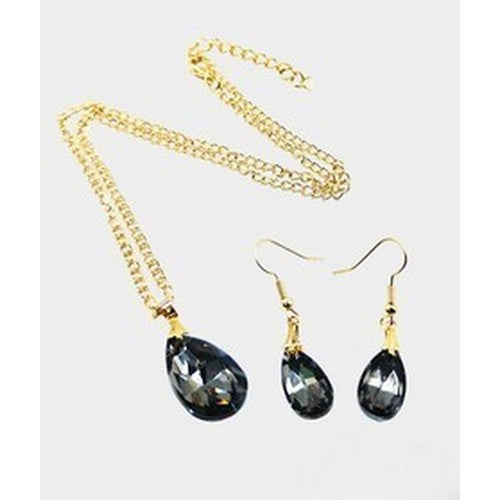PKN9679 Teardrop Gem Earring & Necklace Set in Grey
