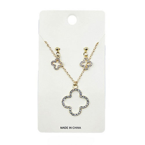PKN9680 Rhinestone Quatrefoil Clover Necklace & Earring Set in Gold