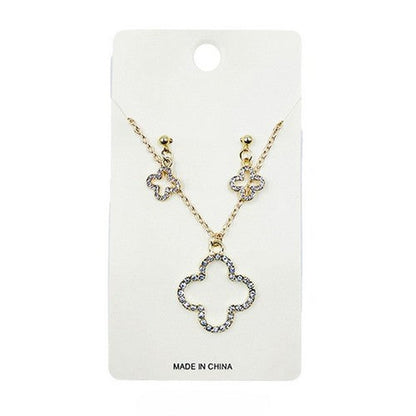 PKN9680 Rhinestone Quatrefoil Clover Necklace & Earring Set in Gold