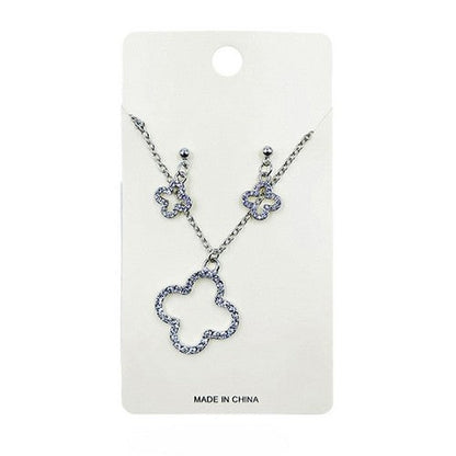 PKN9680 Rhinestone Quatrefoil Clover Necklace & Earring Set n Silver