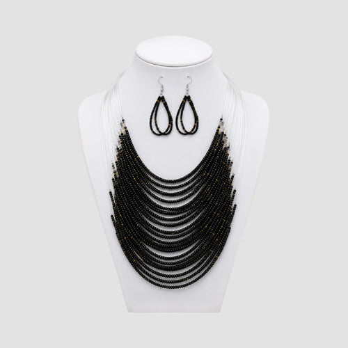 Beaded Invisible Necklace & Earrings Set in Black