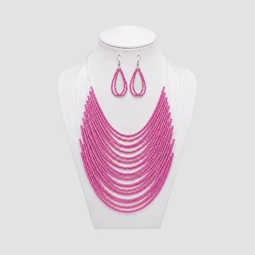 Beaded Invisible Necklace & Earrings Set in Pink