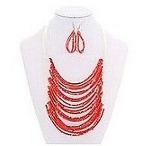 Bead Necklace & Earrings Set in Red