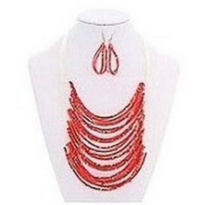 Bead Necklace & Earrings Set in Red