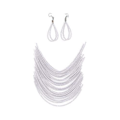 RNK-0412R9 Bead Necklace & Earrings Set in White
