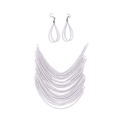RNK-0412R9 Bead Necklace & Earrings Set in White