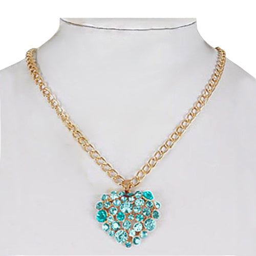 RNK-0121R6 Rhinestone Heart Necklace & Stopper Earrings Set in Gold & Blue