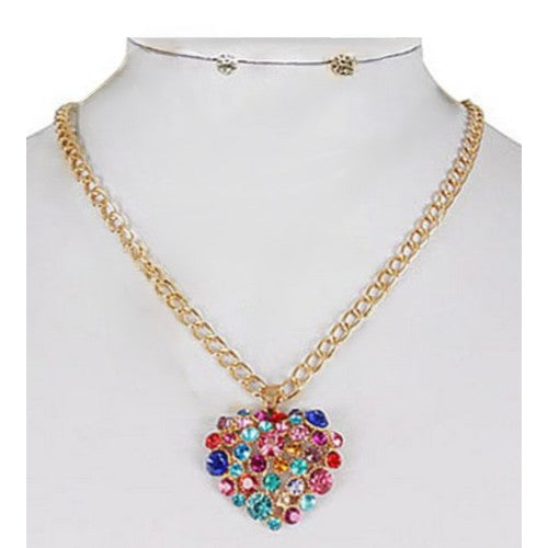 RNK-0121R6 Rhinestone Heart Necklace & Stopper Earrings Set in Gold & Multi