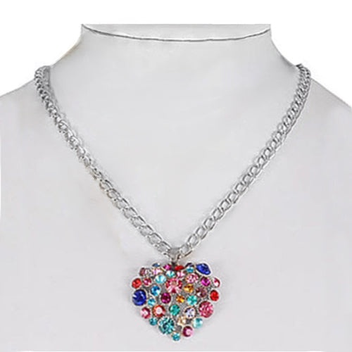 RNK-0121R6 Rhinestone Heart Necklace & Stopper Earrings Set in Silver & Multi