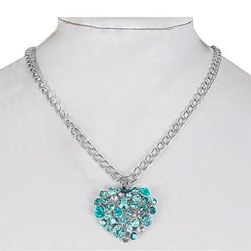 RNK-0121R6 Rhinestone Heart Necklace & Stopper Earrings Set in Silver & Blue