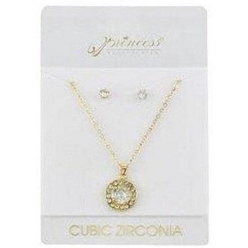 NCS-35009GS Cubic Zirconia Round lo Pendant Necklace & Earrings Set in Gold