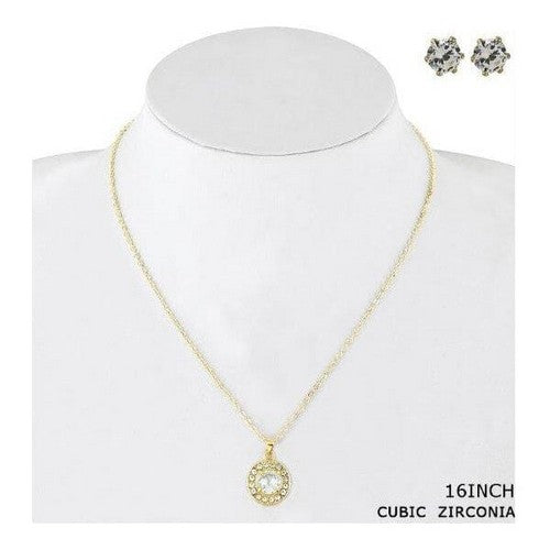 Cubic Zirconia Round lo Pendant Necklace & Earrings Set in Gold