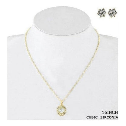Cubic Zirconia Round lo Pendant Necklace & Earrings Set in Gold