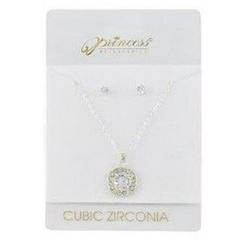 NCS-35009GS Cubic Zirconia Round lo Pendant Necklace & Earrings Set in Silver