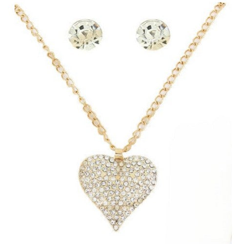 SNK-0092GS Rhinestone Heart Necklace & Stopper Earrings Set in Gold