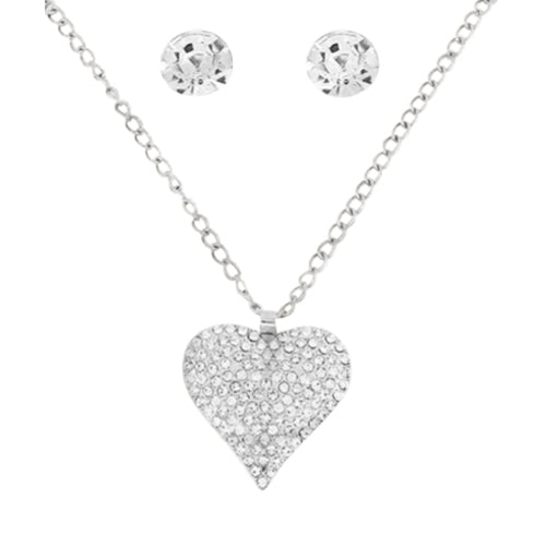 SNK-0092GS Rhinestone Heart Necklace & Stopper Earrings Set in Silver
