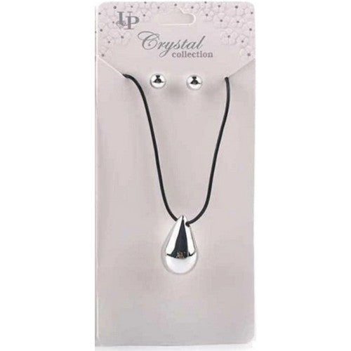 MNK-2692 Tear Drop Pendant Leather Necklace & Stopper Earrings Set in Silver