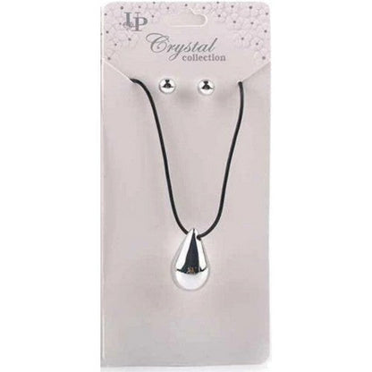 MNK-2692 Tear Drop Pendant Leather Necklace & Stopper Earrings Set in Silver