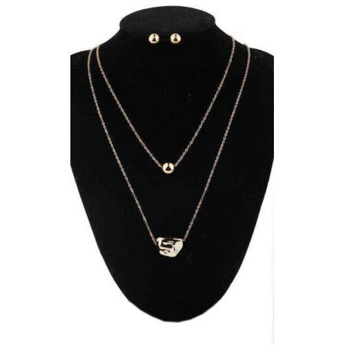 Pebble Pendant Layered Necklace & Earrings Set in Gold