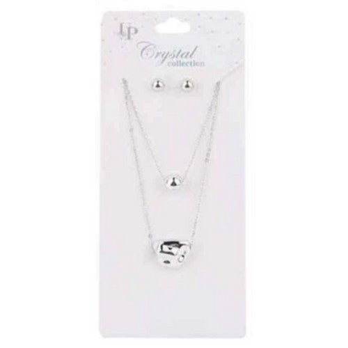DNE-1122 Pebble Pendant Layered Necklace & Earrings Set in Silver