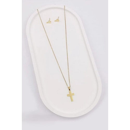 Cross Stainless Steel Earrings & Necklace Set in Gold