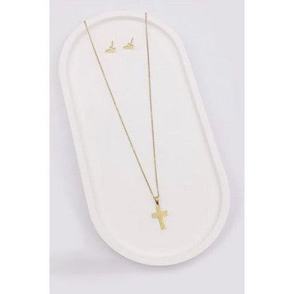 Cross Stainless Steel Earrings & Necklace Set in Gold