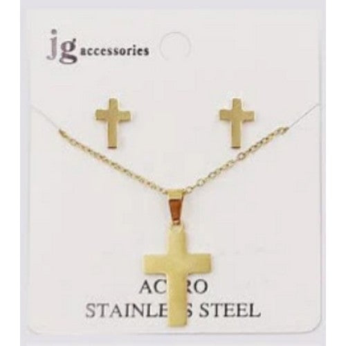 NSS-1339 Cross Stainless Steal Earrings & Necklace Set in Gold