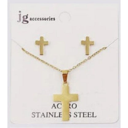 NSS-1339 Cross Stainless Steal Earrings & Necklace Set in Gold