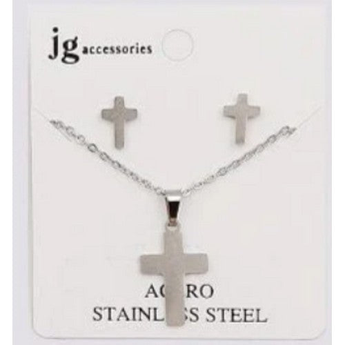 NSS-1339 Cross Stainless Steal Earrings & Necklace Set in Silver