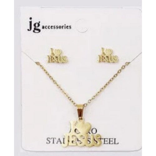 NSS-1382 I Love Jesus Stainless Steal Earrings & Necklace Set in Gold