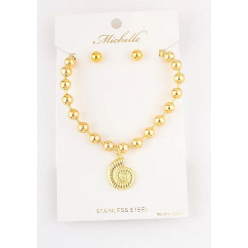 Stainless Steel Shell Pandant Ball Necklace Set in Gold