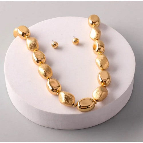 NEE5963G Chunky Brushed Bead Necklace Set in Gold
