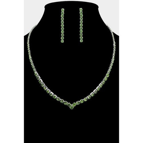 RN19986 Rhinestone Tennis Necklace & Earring Set in Silver & Green