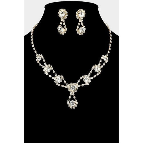 RN10352 Rhinestone Bib Drop Necklace & Earring Set in Gold & Clear Crystal