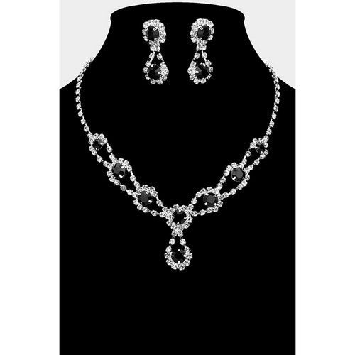 RN10352 Rhinestone Bib Drop Necklace & Earring Set in Silver & Black