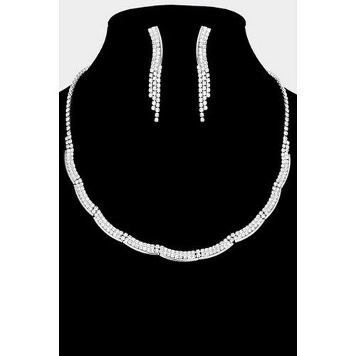 RN20433 Rhinestone Wavy Necklace & Earring Set in Gold & Clear Crystal