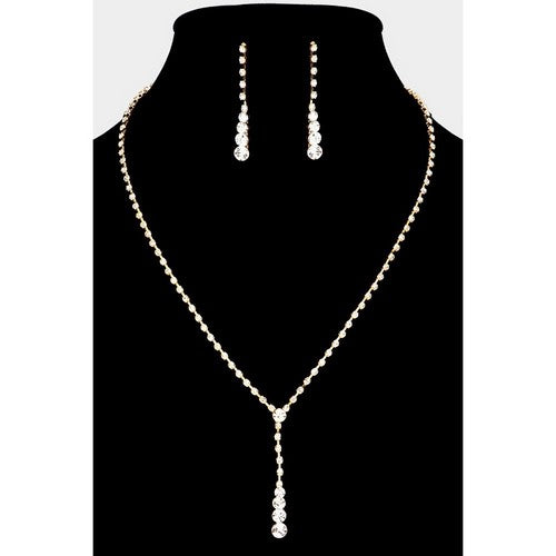 RN0822 Rhinestone Y Necklace & Earring Set in Gold & Clear Crystal
