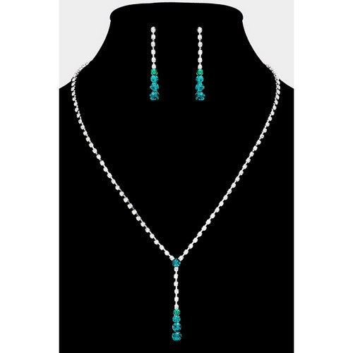 RN0822 Rhinestone Y Necklace & Earring Set in Silver & Green