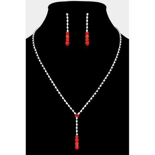 RN0822 Rhinestone Y Necklace & Earring Set in Silver & Red