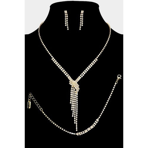RN13837 Rhinestone Fringe V Necklace & Earring Set in Gold & Clear Crystal