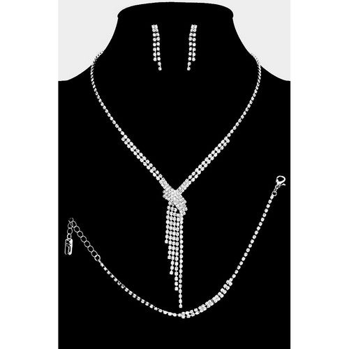 RN13837 Rhinestone Fringe V Necklace & Earring Set in Silver & Clear Crystal