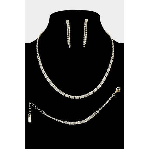 RN20656 Rhinestone Rectangle Link Necklace & Earring Set in Gold & Clear Crystal