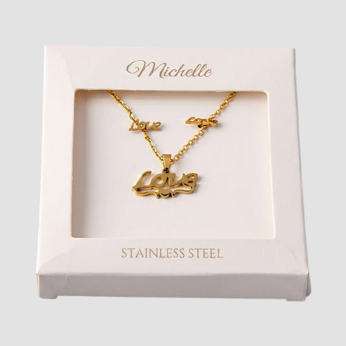 Stainless Steel Love Necklace Earring Box Set in Gold